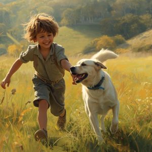 Boy and his dog having fun