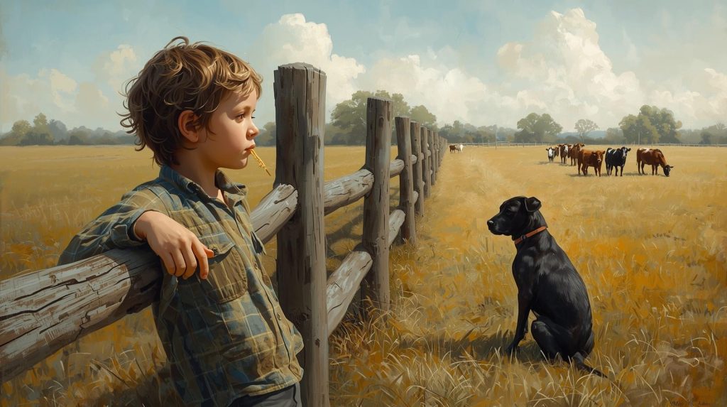 A boy in the country with a piece of straw hanging out of his mouth, leaning over a wooden fence watching the cows with his dog