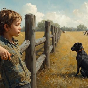 A boy in the country with a piece of straw hanging out of his mouth, leaning over a wooden fence watching the cows with his dog
