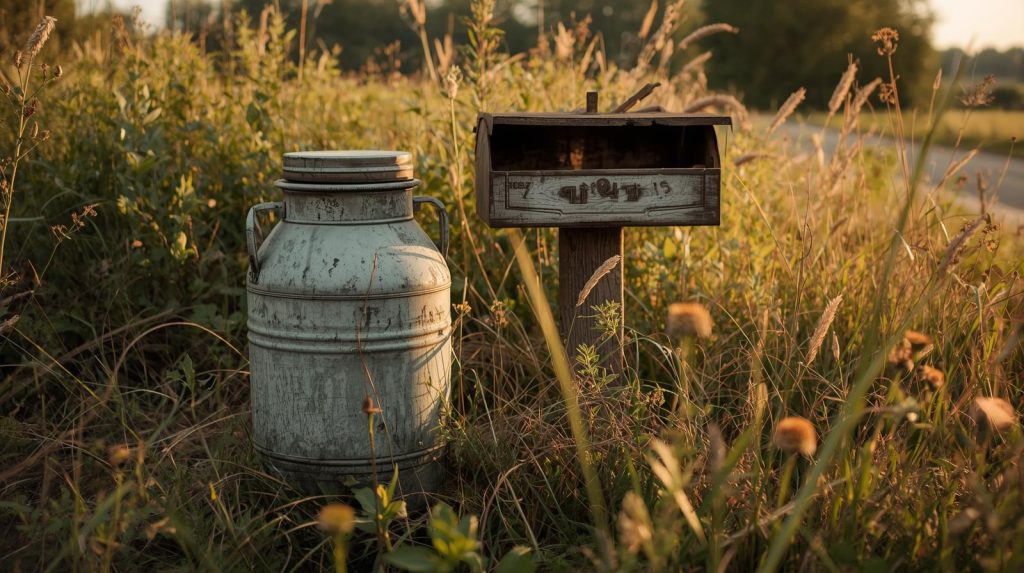 A mail box and a milk can in the country.