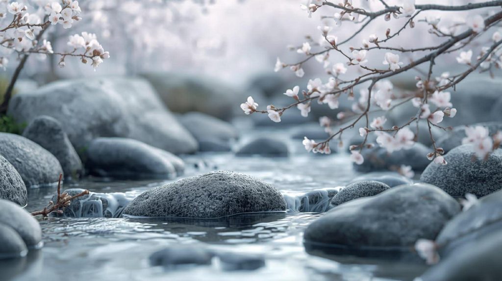 Flowers of tree branches hanging over a small brook.